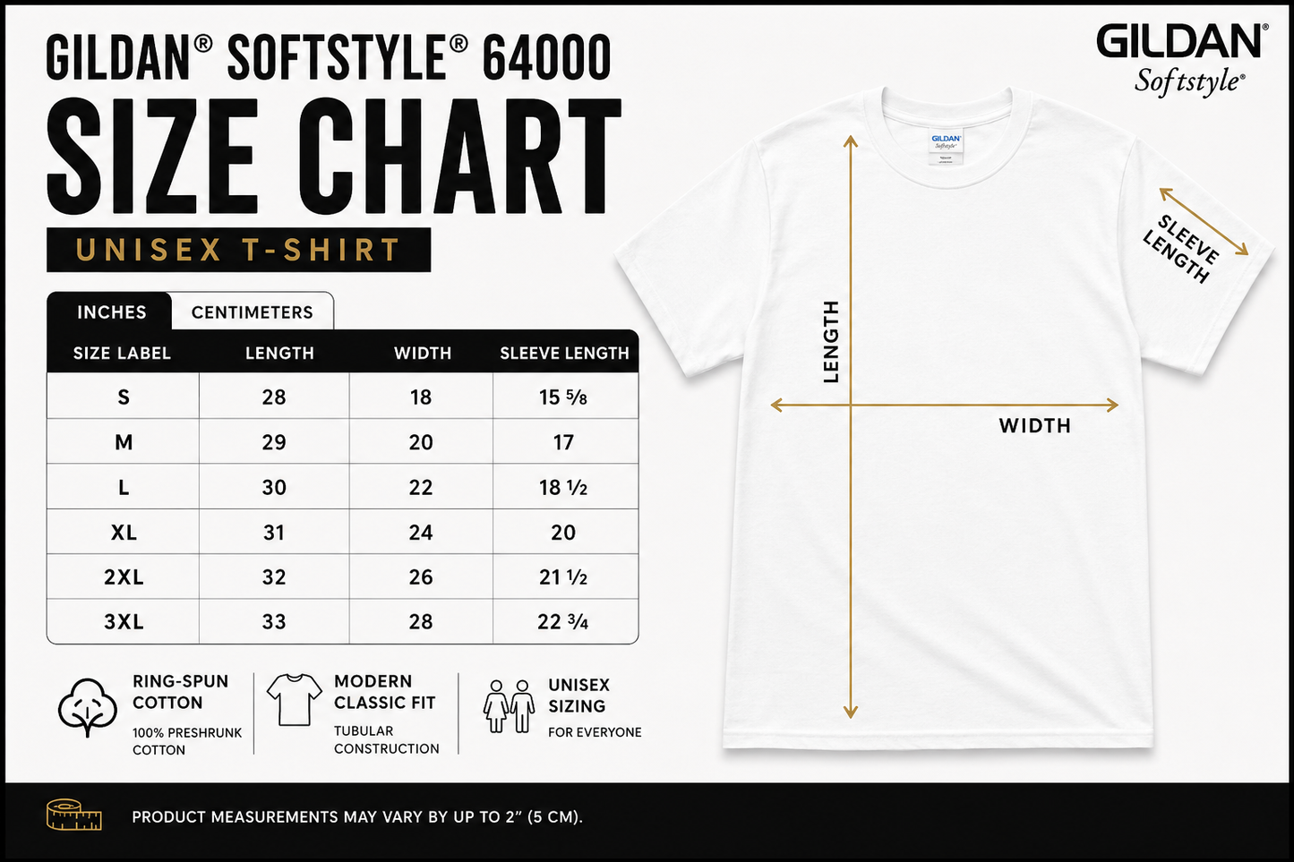 Gildan Softstyle t-shirt size chart with measurements and product details.