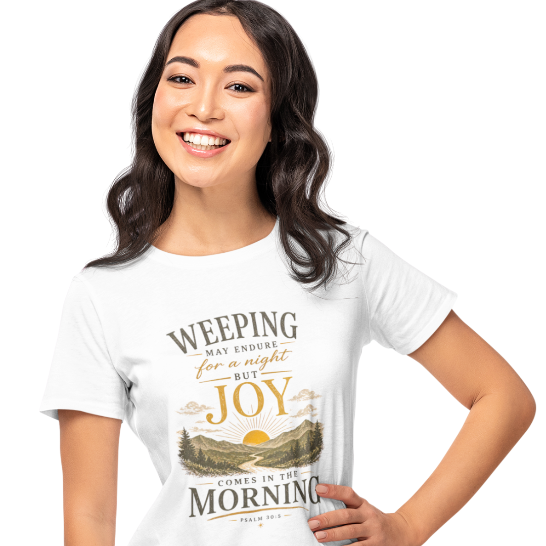 Woman wearing a white t-shirt with a printed design and text.