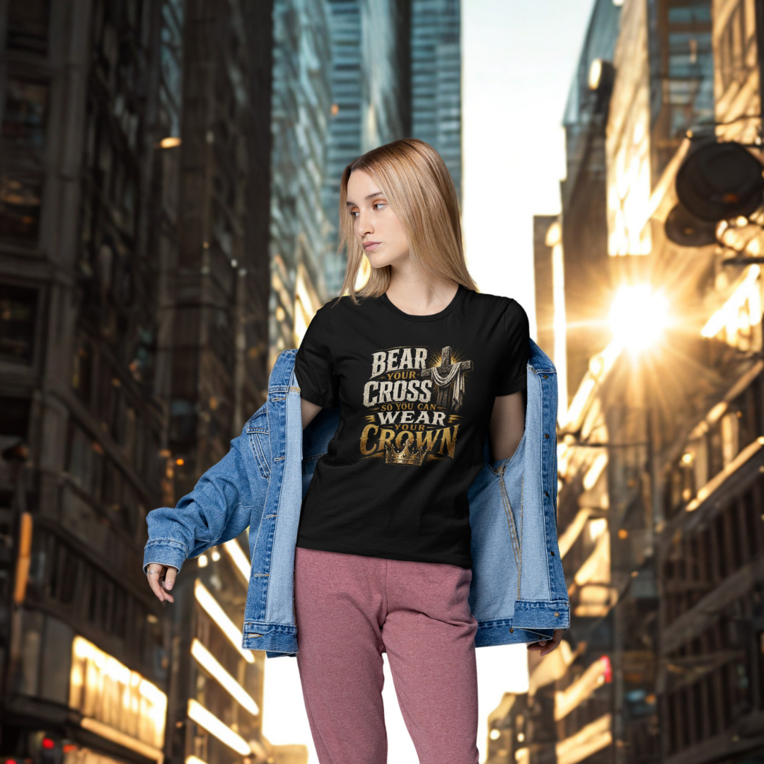 Woman wearing a black t-shirt with text in an urban setting