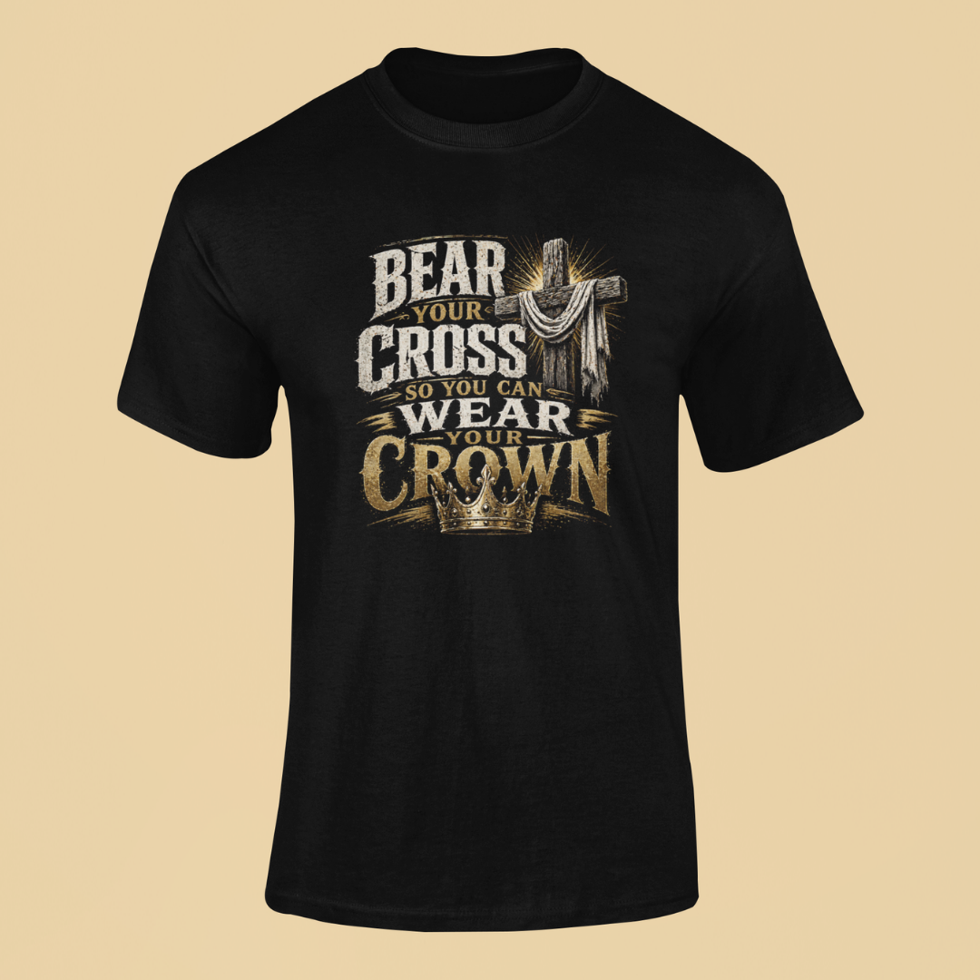 Black t-shirt with a cross and crown graphic and text on a beige background