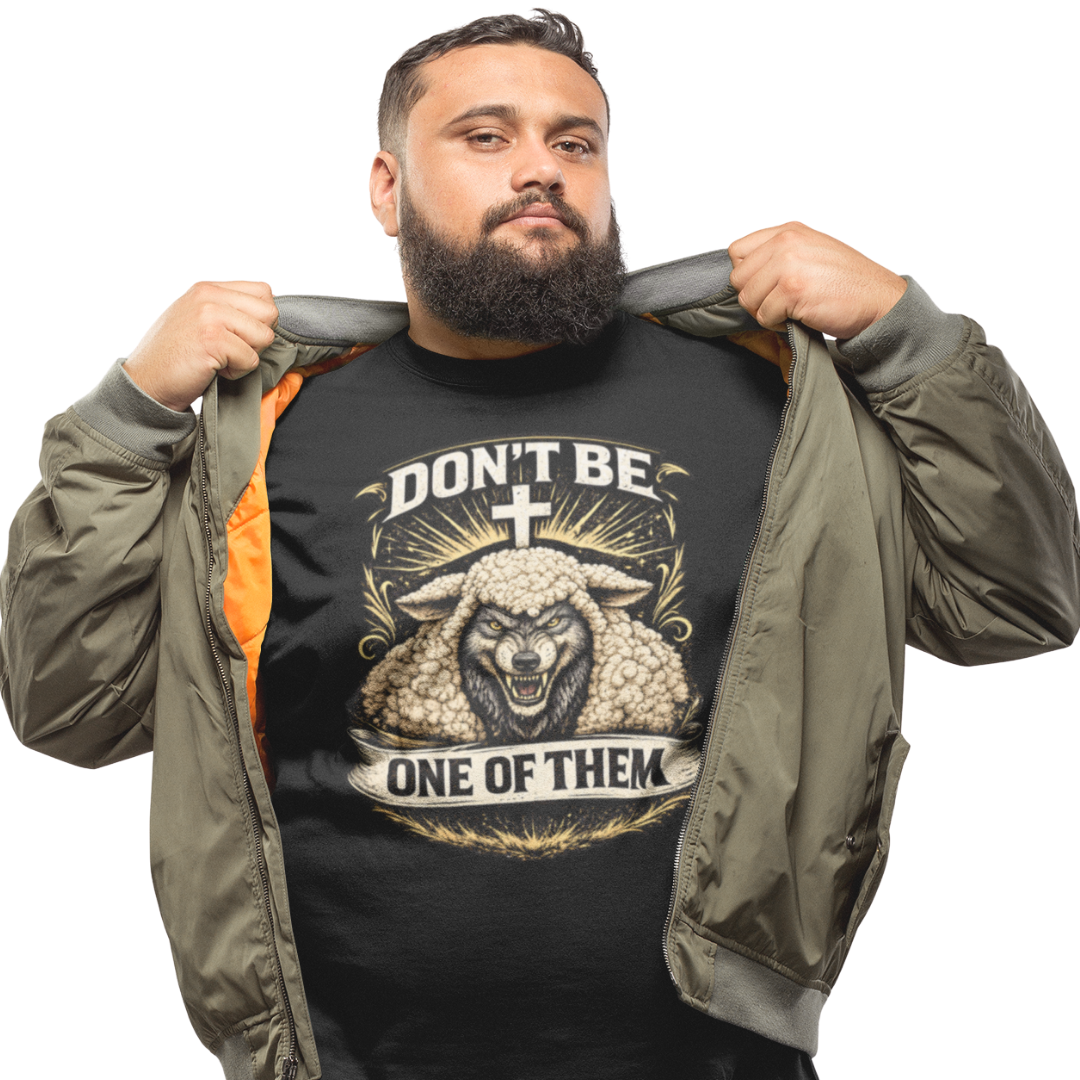 Man wearing a black t-shirt with a graphic design and text, holding an olive green jacket.