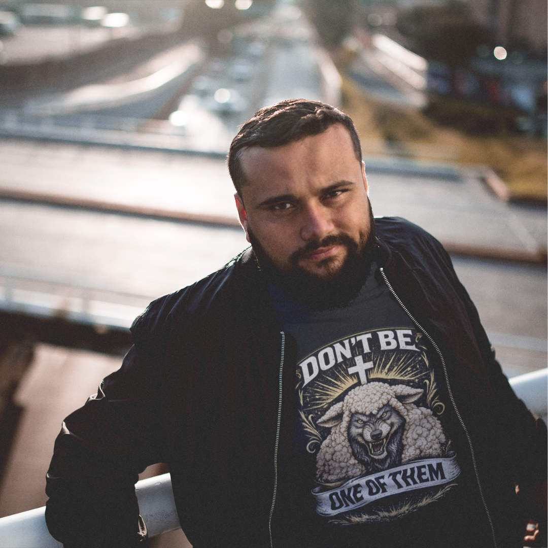 Man wearing a black jacket and graphic t-shirt with text and design, standing on a bridge.