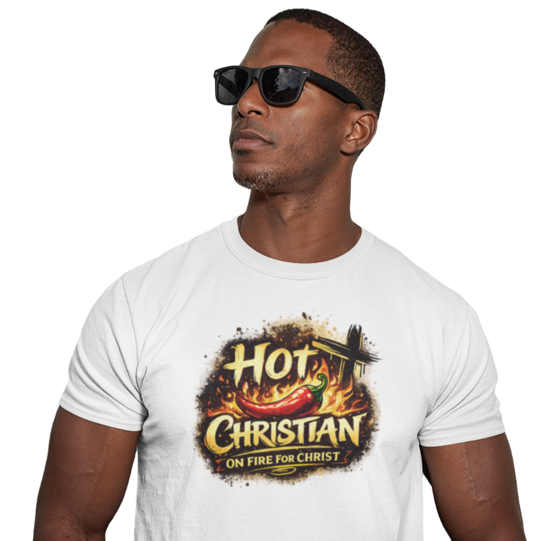 Man wearing a white t-shirt with 'Hot Christian' graphic design on a white background
