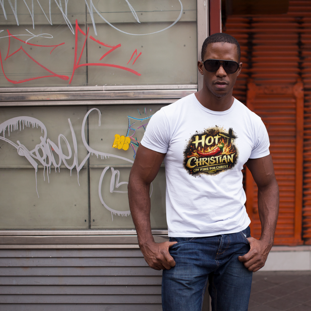 Man wearing a white t-shirt with 'Hot Christian' graphic design in front of a graffiti-covered wall.