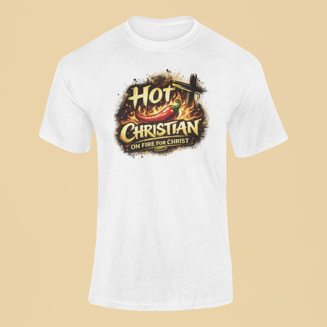 White t-shirt with 'Hot Christian' graphic design on a beige background