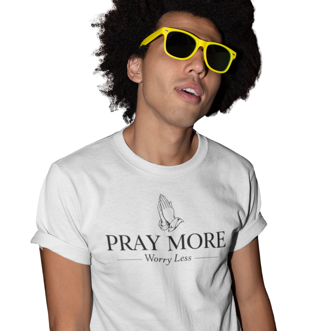 Person wearing a white t-shirt with 'Pray More Worry Less' text and yellow sunglasses.