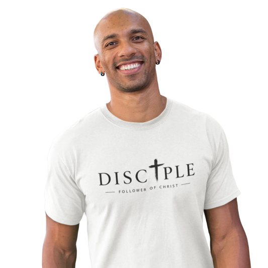 Man wearing a white t-shirt with 'DISCIPLE Follower of Christ' text on a white background