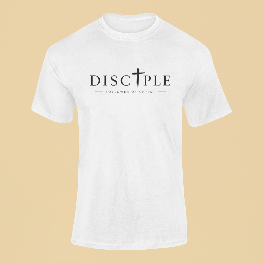 White t-shirt with 'DISCIPLE Follower of Christ' text on a beige background