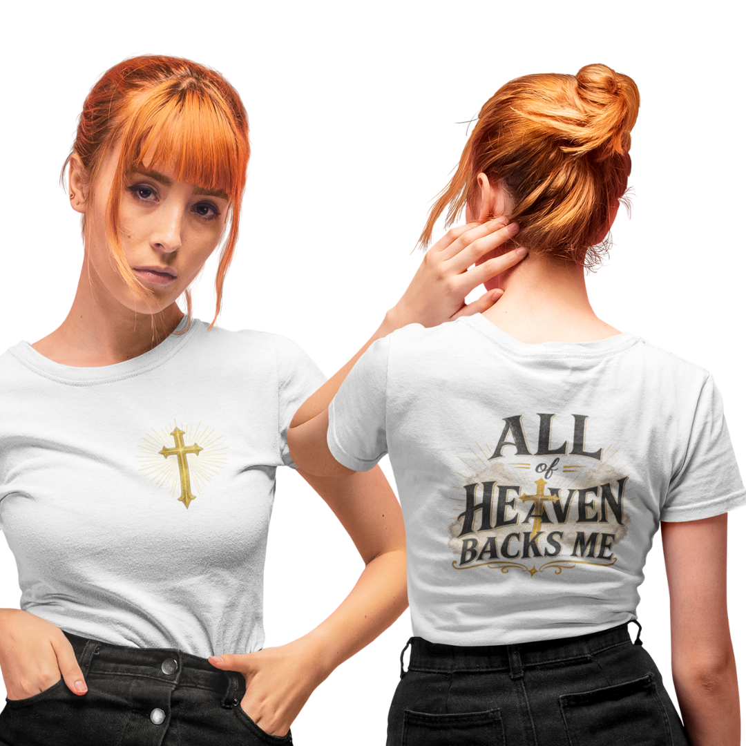Woman wearing a white t-shirt with a cross on the front and text on the back, standing against a white background.