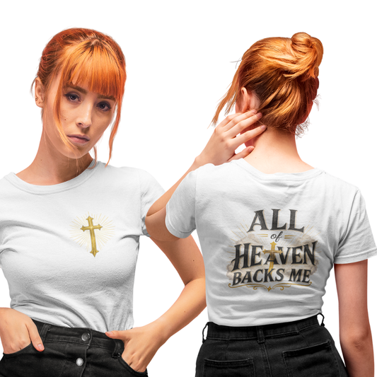 Woman wearing a white t-shirt with a cross on the front and text on the back, standing against a white background.