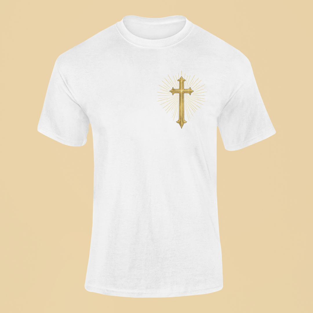 White t-shirt with a gold cross design on a beige background