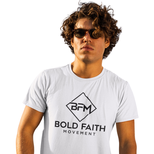 Man wearing a white t-shirt with 'Bold Faith Movement' logo on a white background
