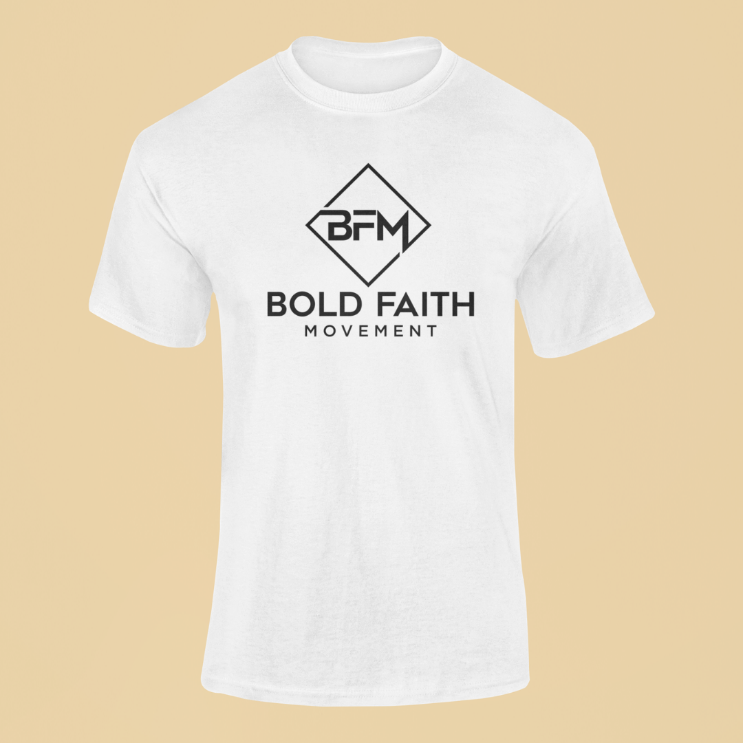 White t-shirt with 'Bold Faith Movement' logo on a beige background