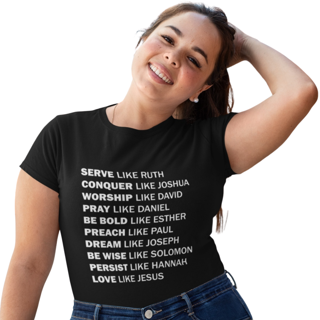 Woman wearing a black tshirt with the Serve Like tshirt design