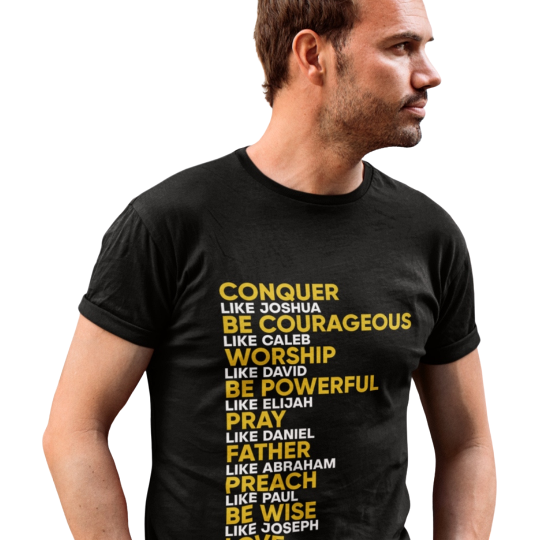Man wearing a black t-shirt with motivational phrases in yellow text on a white background