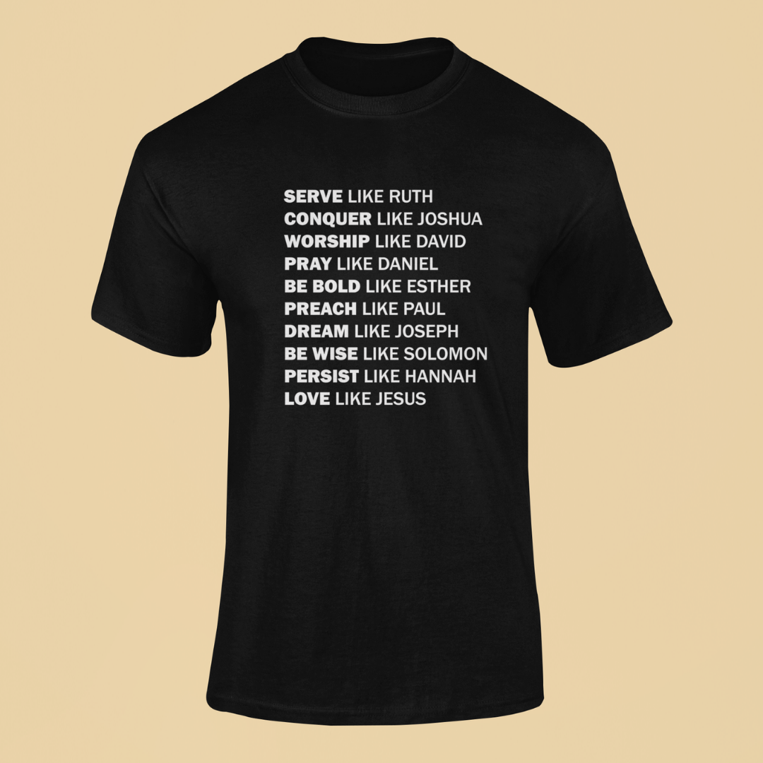 Black t-shirt with motivational quotes on a beige background