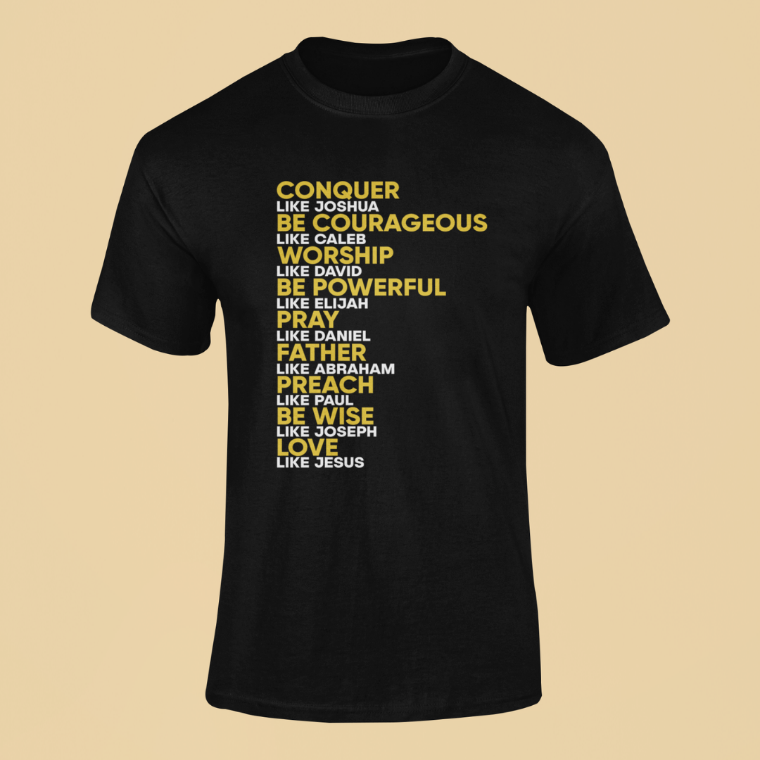 Black t-shirt with motivational text in yellow and white on a beige background