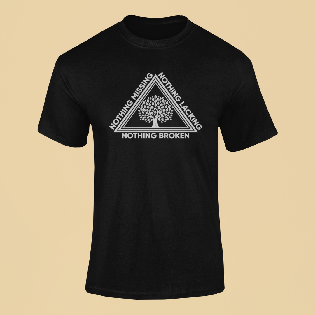 Black t-shirt with a white triangle design and text on a beige background