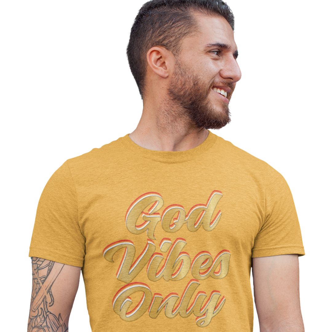 Man wearing a yellow t-shirt with 'God Vibes Only' text on a white background