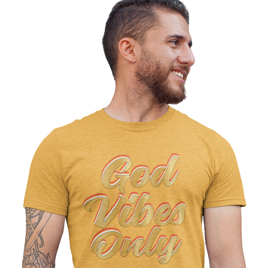 Man wearing a yellow t-shirt with 'God Vibes Only' text on a white background
