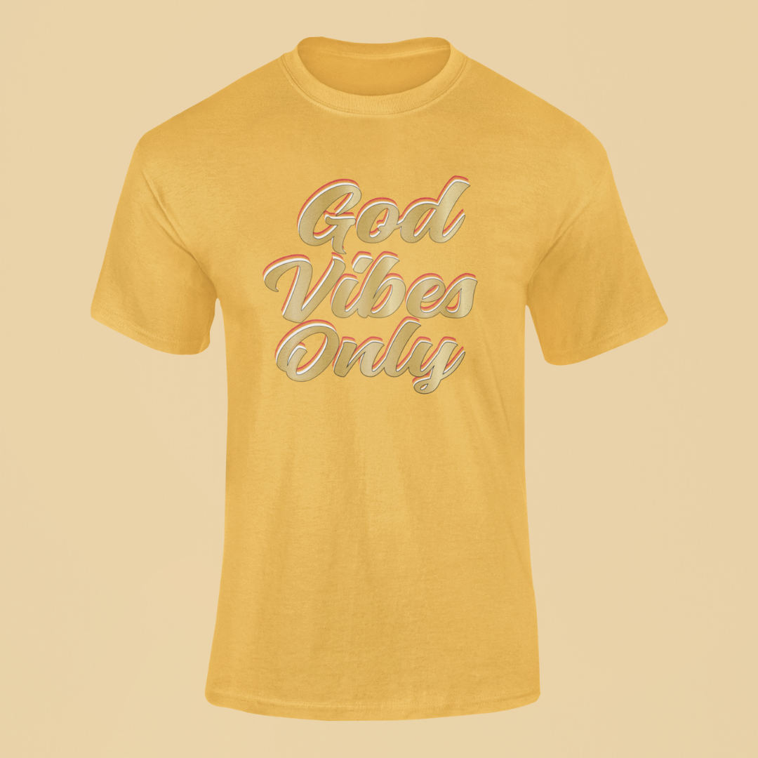 Yellow t-shirt with 'God Vibes Only' text on a beige background