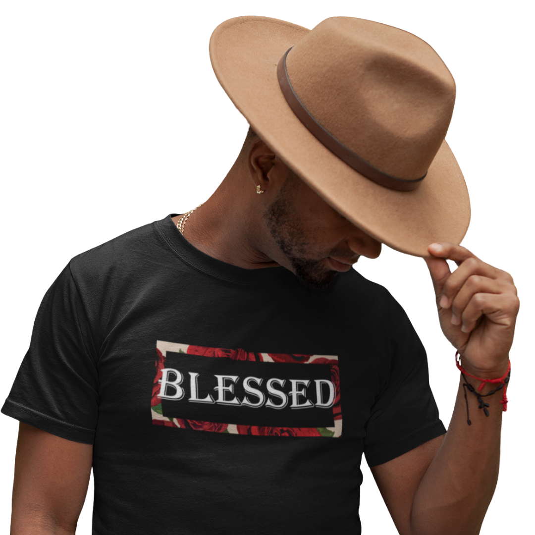 Person wearing a black t-shirt with 'BLESSED' text and a brown hat on a white background