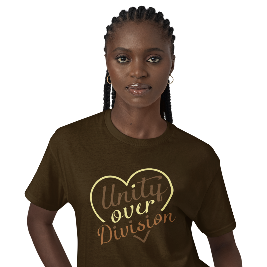 Woman wearing a brown t-shirt with 'Unity over Division' design on a white background