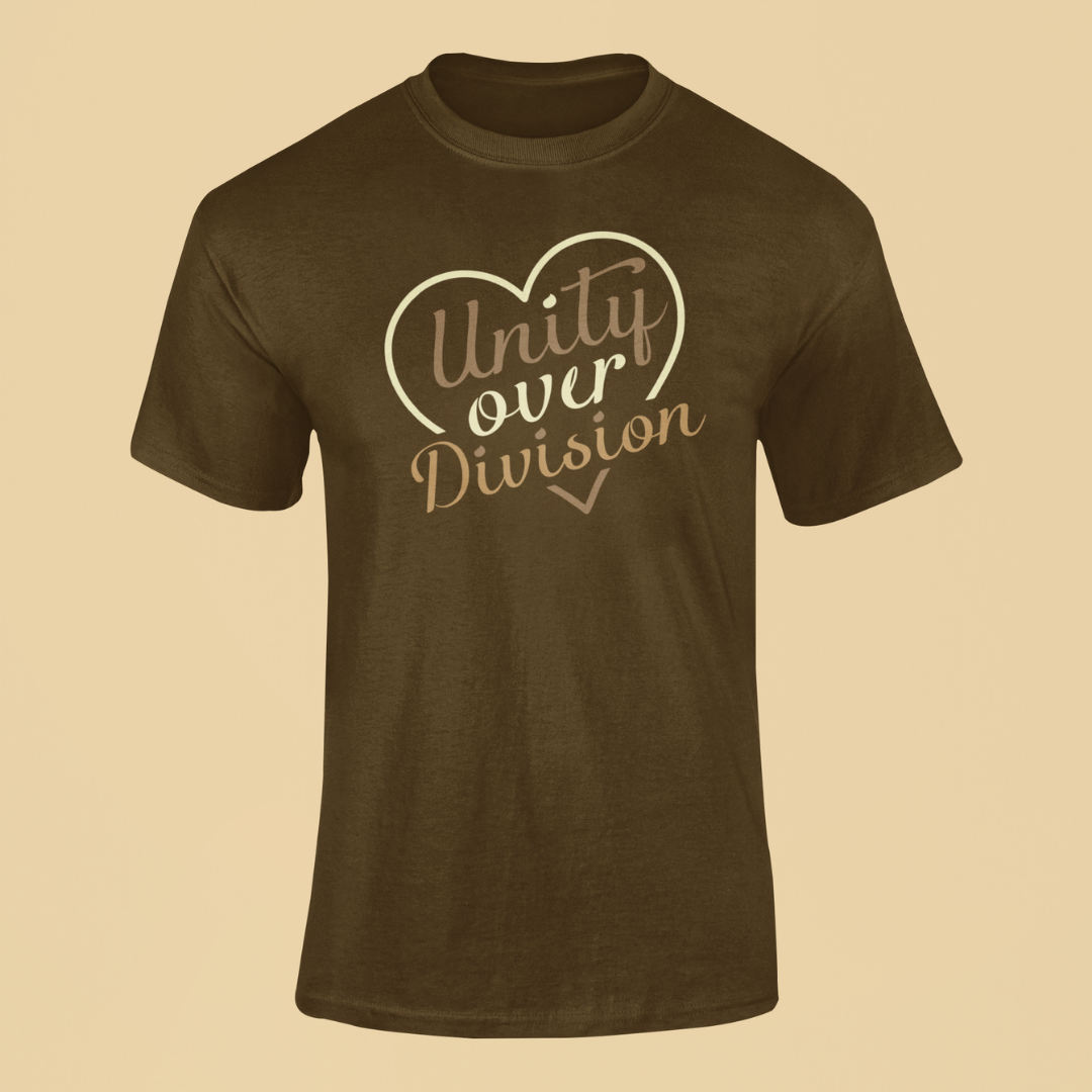 Brown t-shirt with 'Unity over Division' text on a beige background