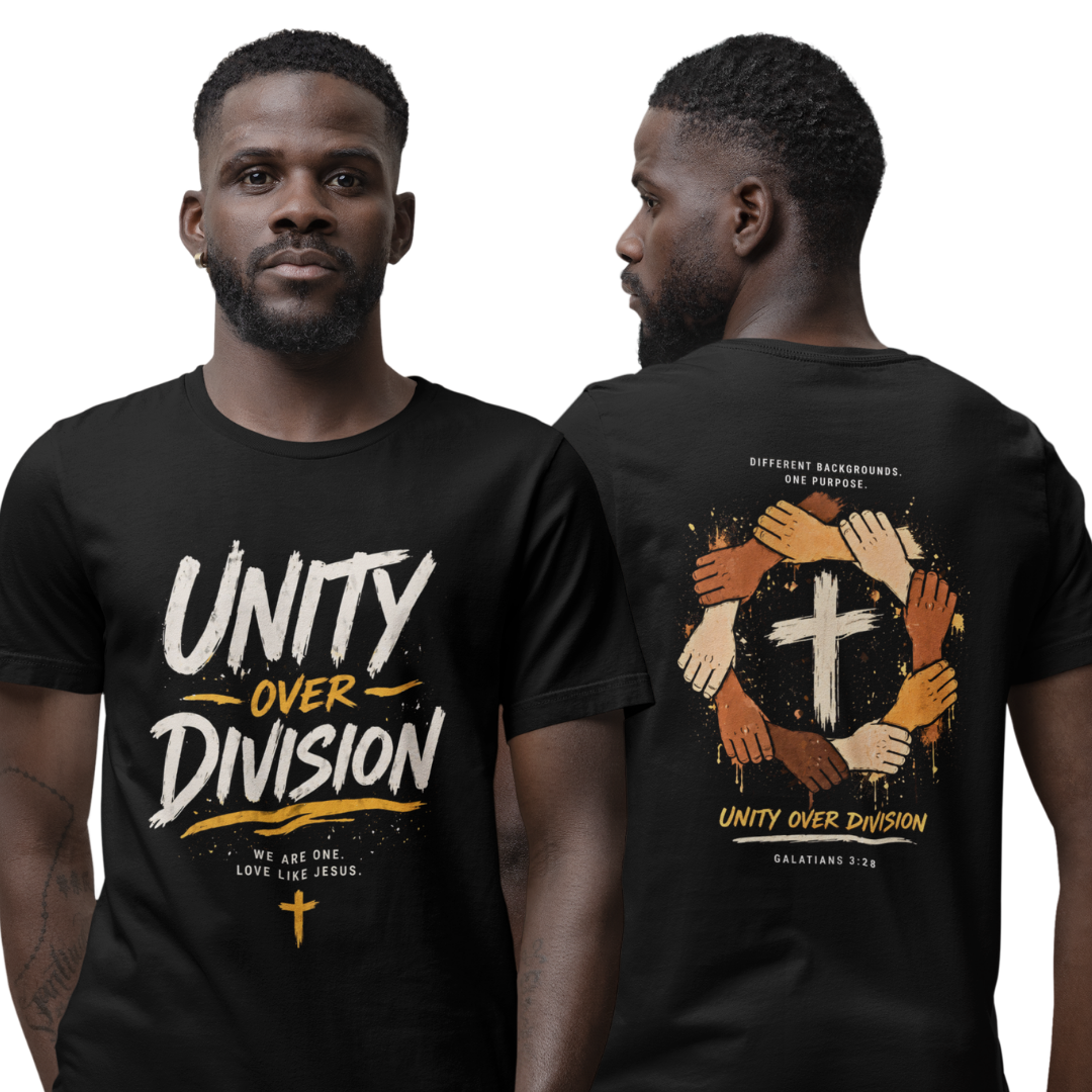 Man wearing a black t-shirt with 'Unity Over Division' design on front and back
