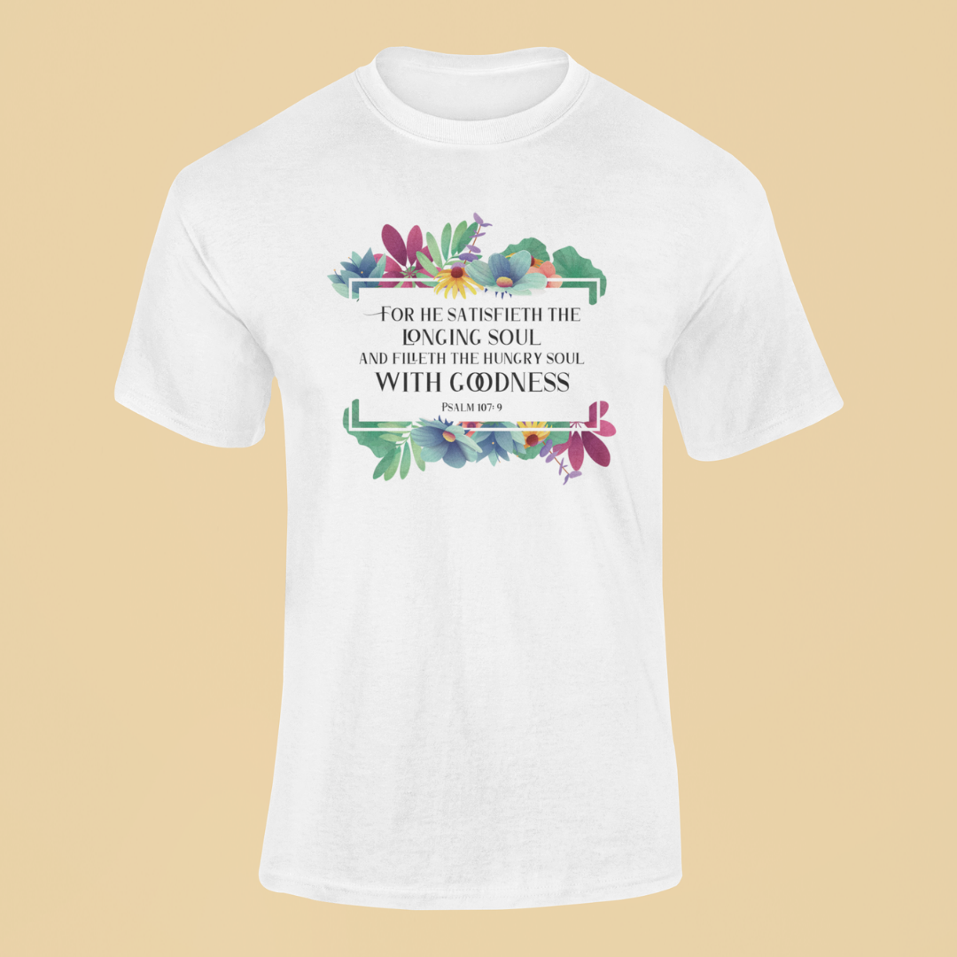 White t-shirt with floral design and text on a beige background