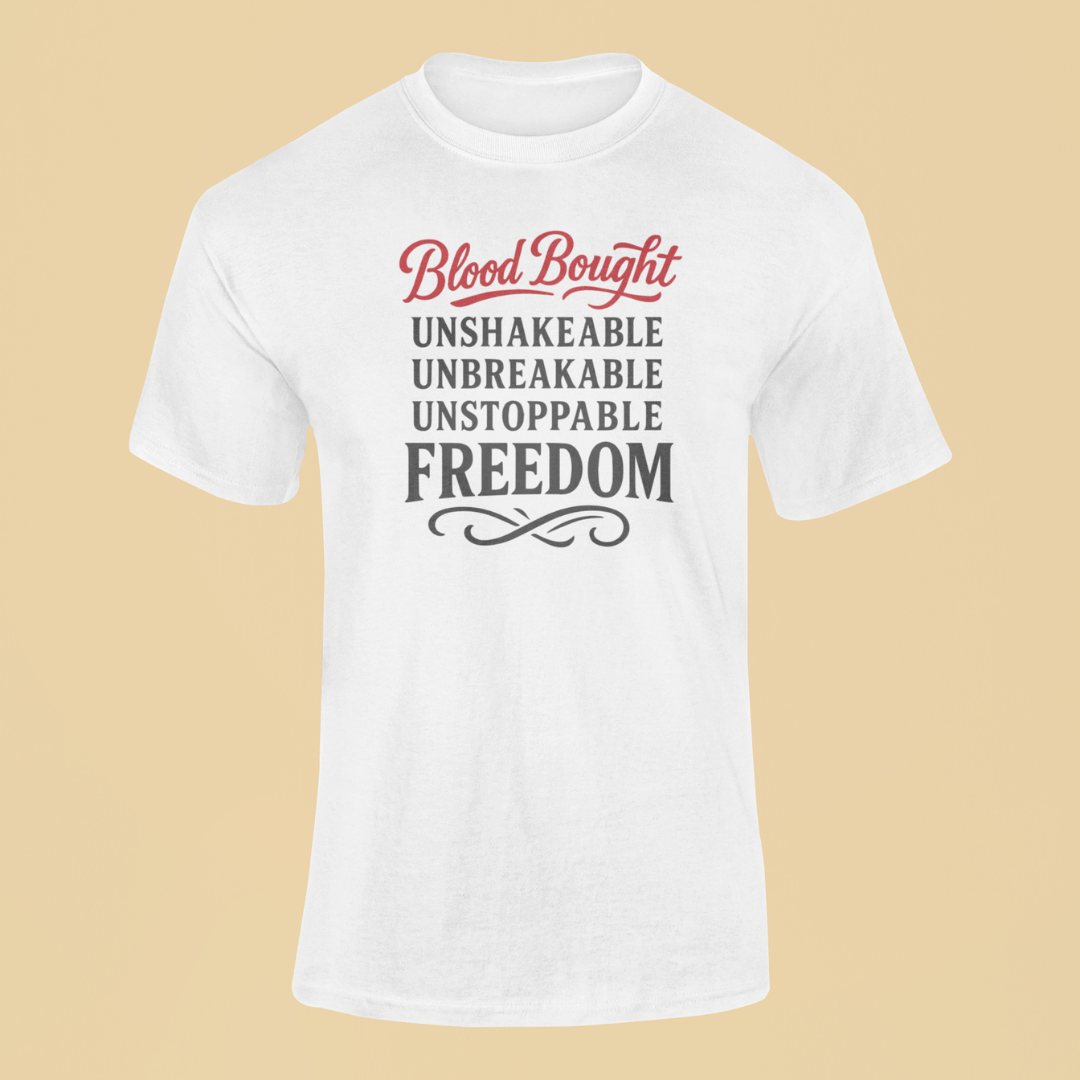 White t-shirt with motivational text design on a beige background