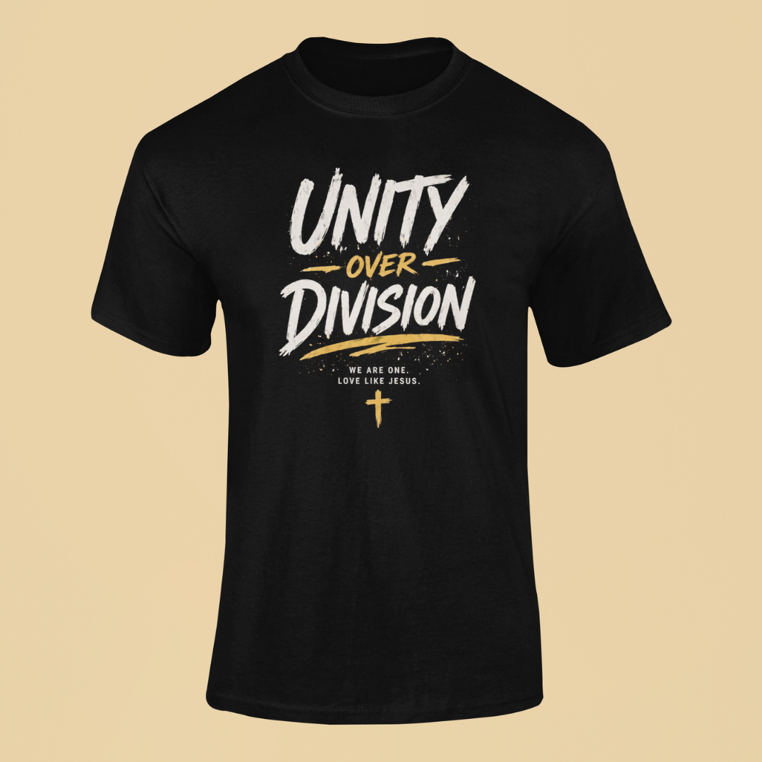 Black t-shirt with 'Unity Over Division' text on a beige background
