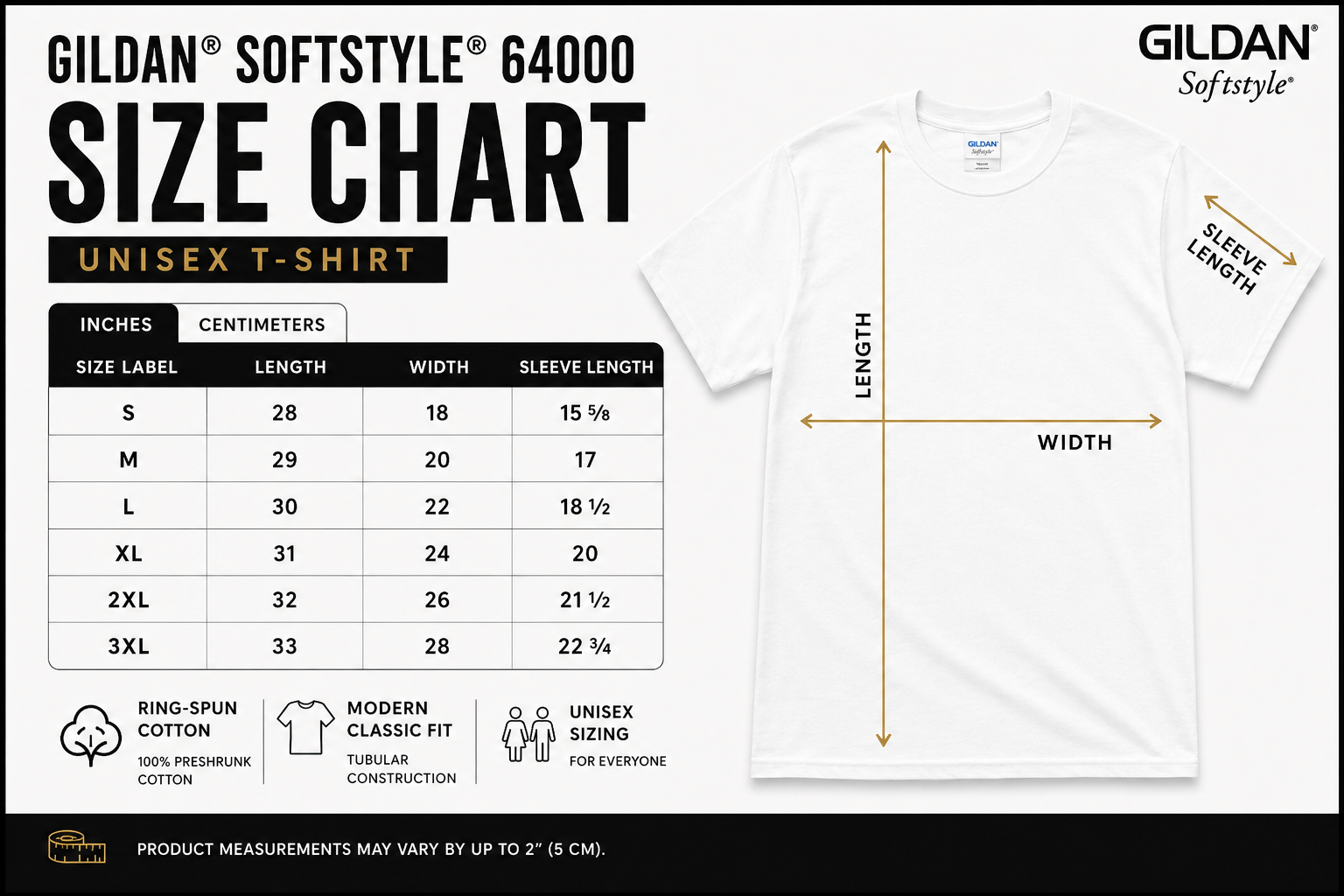 Gildan Softstyle t-shirt size chart with measurements and product details.
