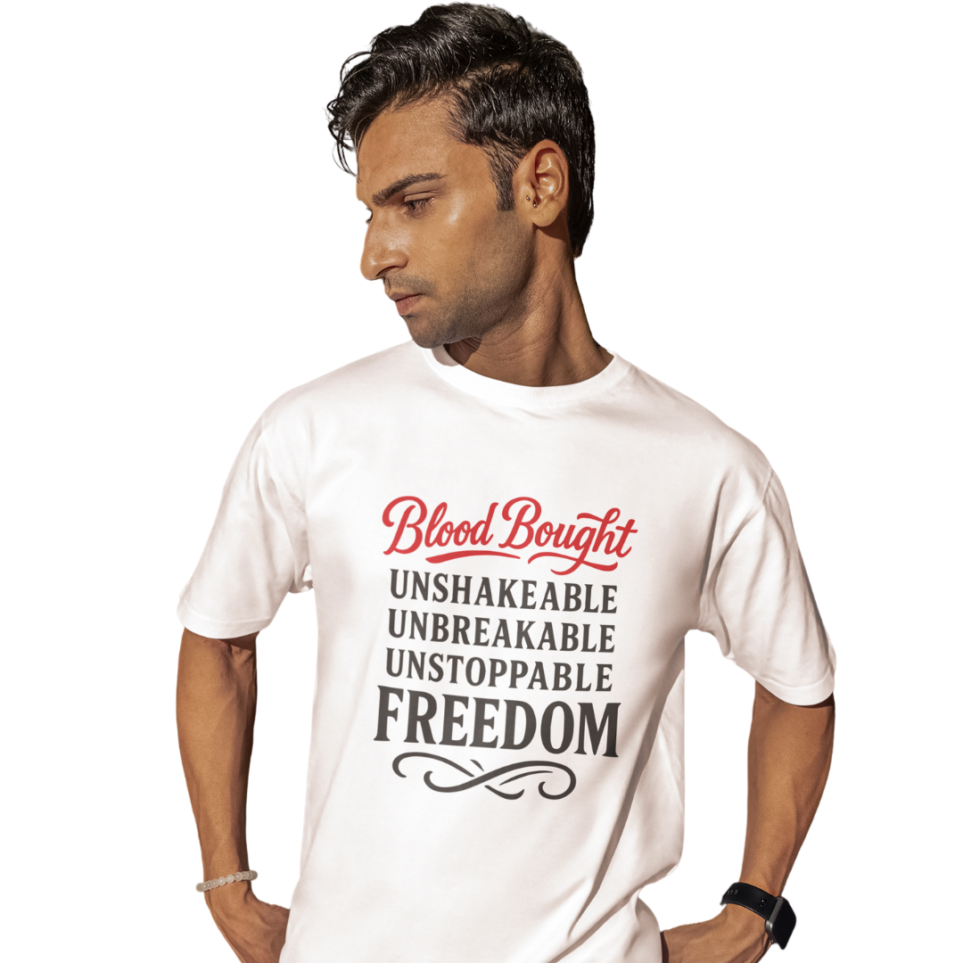Man wearing a white t-shirt with motivational text on a white background